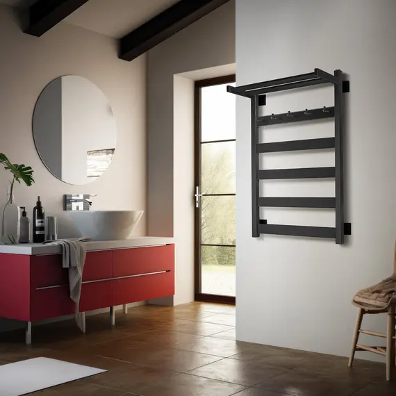 Полотенцесушитель Secado Комано 1 КСП, с крючками и полочкой , электрический L/R черный матовый