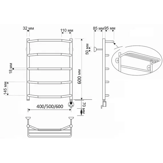 Полотенцесушитель латунный Secado Агата 3, с полочкой , электрический L/R бронза