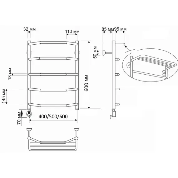Полотенцесушитель латунный Secado Агата 3, с полочкой , электрический L/R бронза