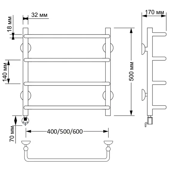 Полотенцесушитель латунный Secado Мерида 1 электрический L/R  бронза