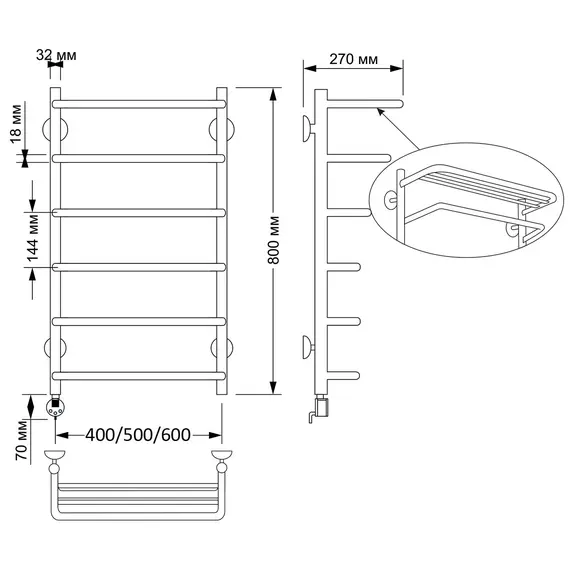 Полотенцесушитель латунный Secado Мерида 2 , с полочкой , электрический L/R  бронза