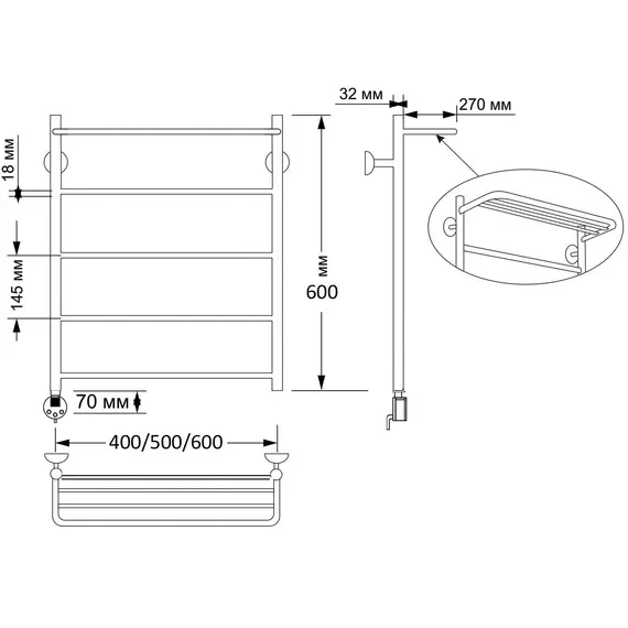 Полотенцесушитель латунный Secado Триада 4 , с полочкой , электрический L/R  бронза
