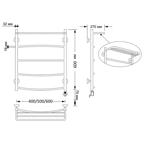 Полотенцесушитель латунный Secado Милан 4, сполочкой , электрический L/R  бронза