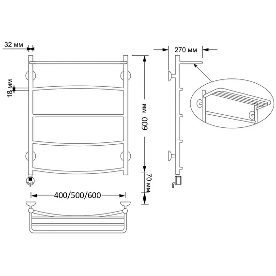 Полотенцесушитель латунный Secado Милан 4, сполочкой , электрический L/R  бронза