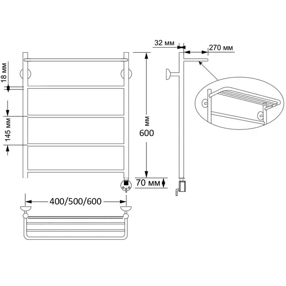 Полотенцесушитель латунный Secado Триада 4 , с полочкой , электрический L/R  бронза