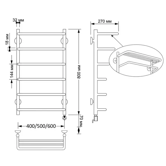 Полотенцесушитель латунный Secado Мерида 2 , с полочкой , электрический L/R  бронза