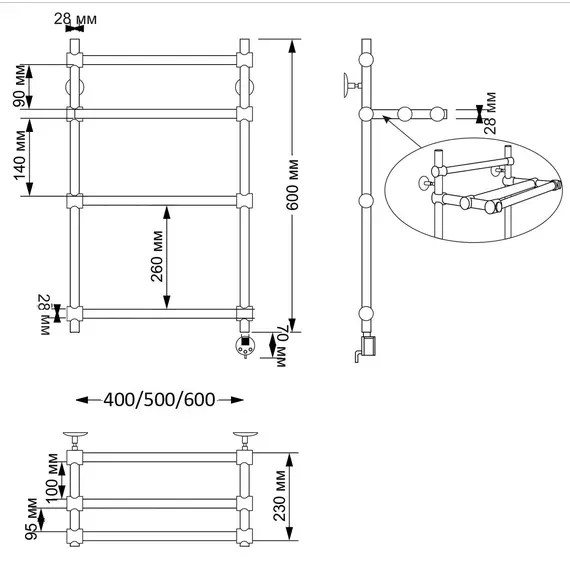 Полотенцесушитель латунный Secado Флоренция 3 электрический L/R  бронза