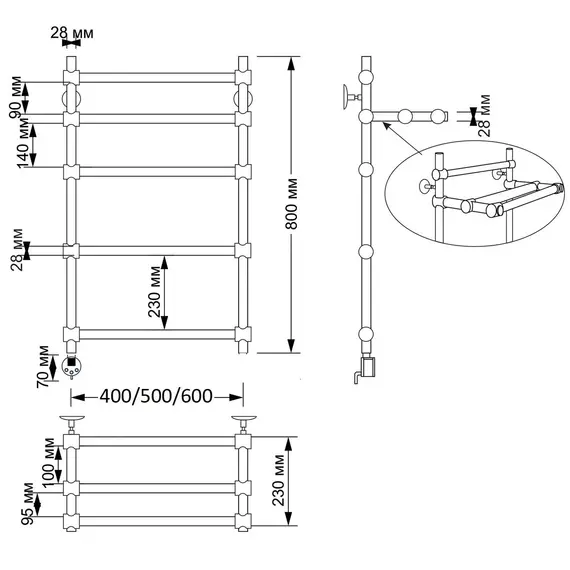 Полотенцесушитель латунный Secado Флоренция 3 электрический L/R  бронза