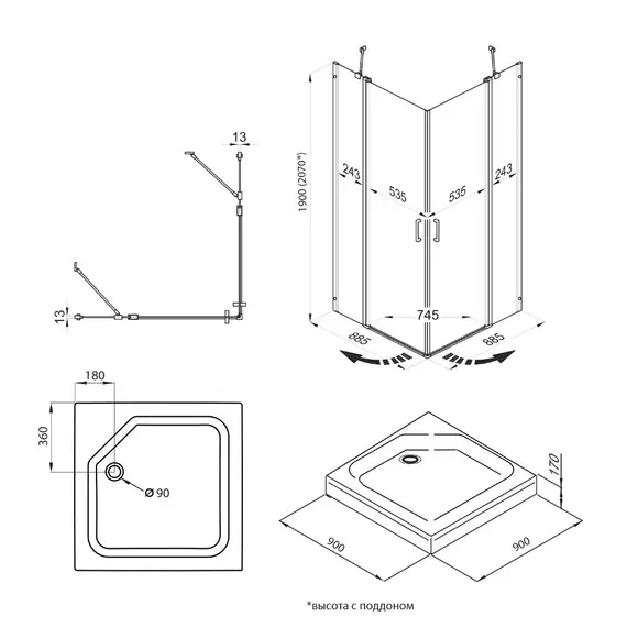 Душевое ограждение Triton "ТАУ-БЛЭК" (низкий  поддон) квадрат 90х90