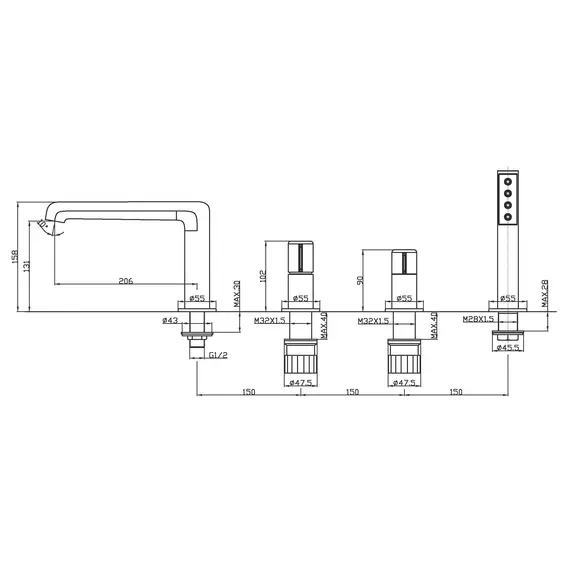 Смеситель на борт ванны BelBagno UNO UNO-BVD4-CRM
