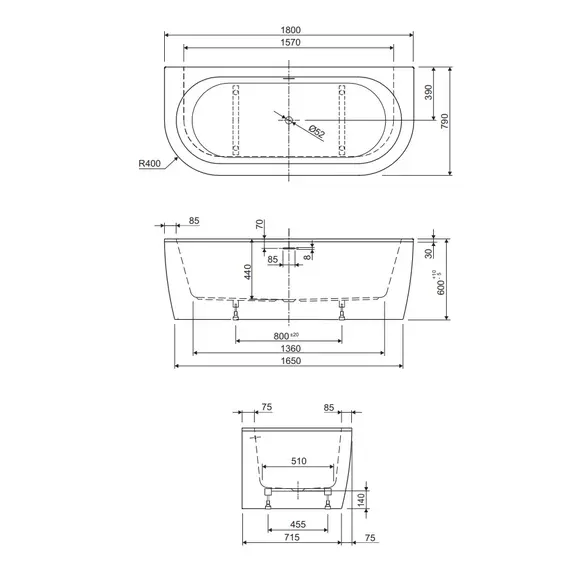 Ванна акриловая CEZARES SLIM WALL-180-80-60-NERO-SET  180х80