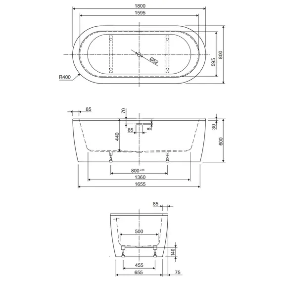 Ванна акриловая  CEZARES SLIM CENTRAL-180-80-60-NERO-SET  180х80