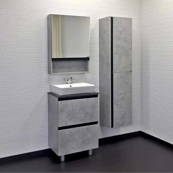 Тумба-умывальник Comforty Эдинбург-60Н напольная бетон светлый с черной столешницей с раковиной