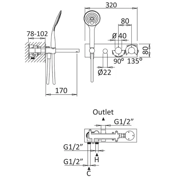 Встраиваемый термостатический смеситель для ванны и душа однорычажный CEZARES CZR-B-VDM1-T-01