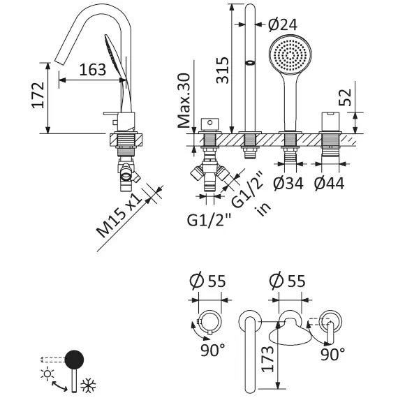 Смеситель на борт ванны CEZARES LEAF-BVDM4-L-NOP
