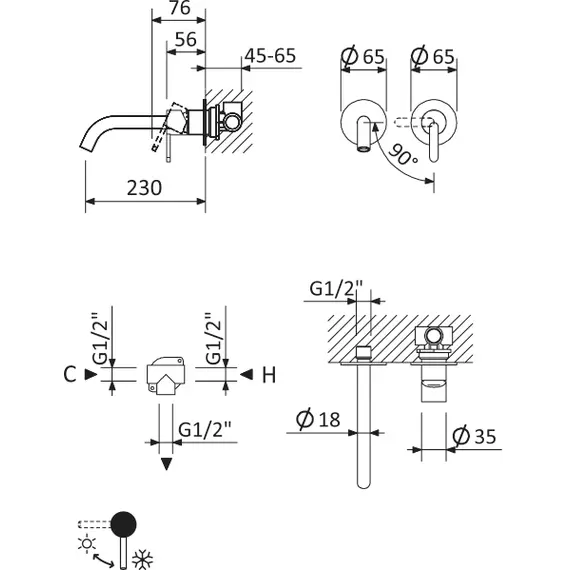 Смеситель для раковины встраиваемый CEZARES LEAF-BLI2-L-SS