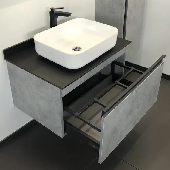 COMFORTY. Тумба-умывальник "Эдинбург" бетон светлый с черной столешницей, с раковиной COMFORTY