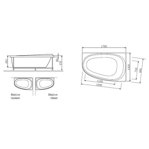 AM.PM Like, ванна акриловая 170х110 , левая/правая