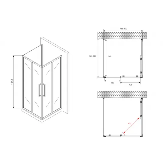 Душевой уголок ABBER Schwarzer Diamant квадрат , пристенный , прозрачное/черный