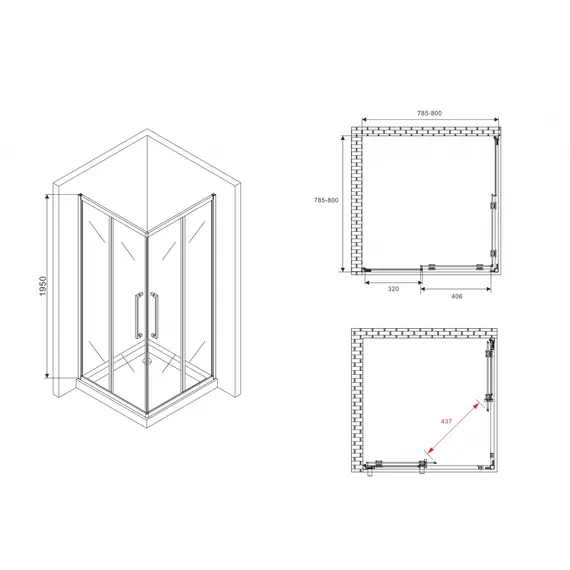 Душевой уголок ABBER Schwarzer Diamant квадрат, прозрачное/хром
