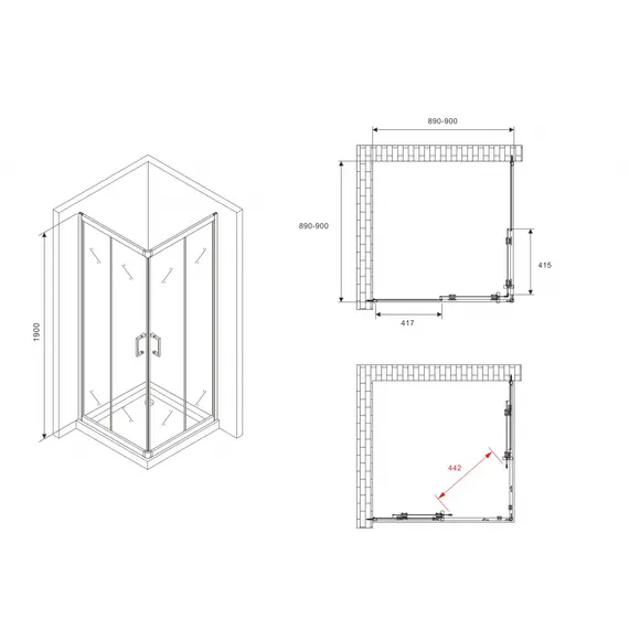Душевой уголок ABBER Schwarzer Diamant квадрат, прозрачное/черный