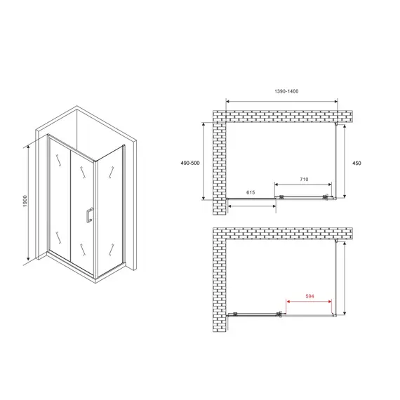 Душевой уголок ABBER Schwarzer Diamant прозрачное/черный , в угол