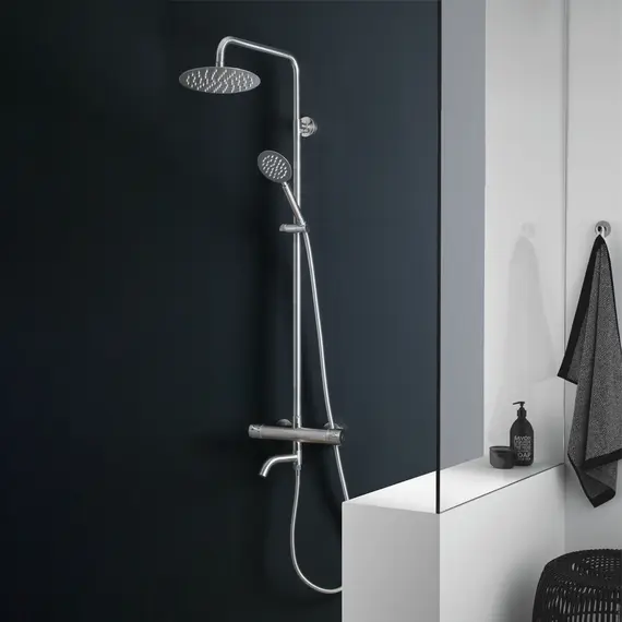 Душевая система MELANA-610307-T Stello нерж.сталь, с тропическим душем, лейкой, термостатом