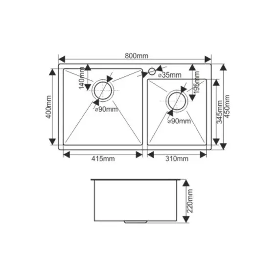 Мойка S8045H MELANA ProfLine 3,0/220 САТИН 2-я чаша, врезная