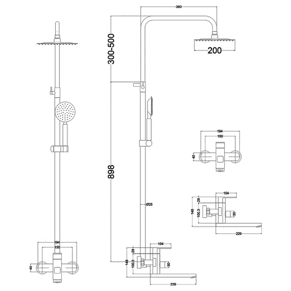 Душевая система MELANA-610307 Stello нерж.сталь, с тропическим душем, лейкой и смесителем