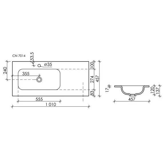 Раковина накладная Ceramica Nova Grace с отверстием под смеситель 1010*457*137мм, чаша слева