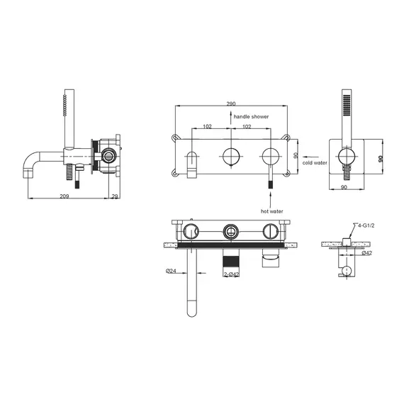 Смеситель ввстраиваемый с ручным душем и изливом  Boheme UNO 464-3-GM Gun metal