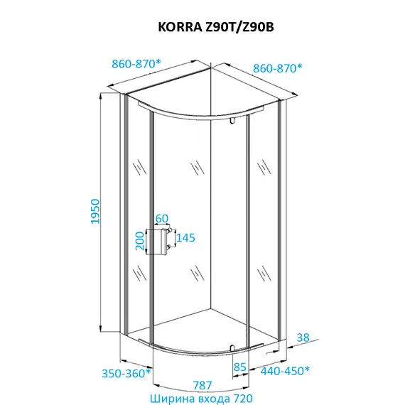 Душевой угол  KORRA Z90B  Ceruttispa  без поддона (90x90x195)