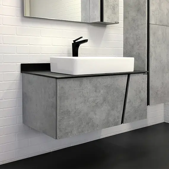 COMFORTY. Тумба-умывальник "Эдинбург" бетон светлый с черной столешницей, с раковиной COMFORTY