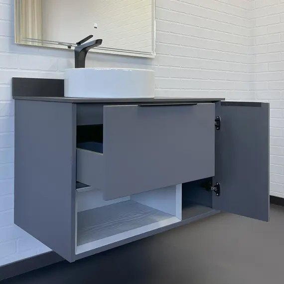 Тумба-умывальник Comforty Джанкой 90 антрацит с черной столешницей и раковиной 9111