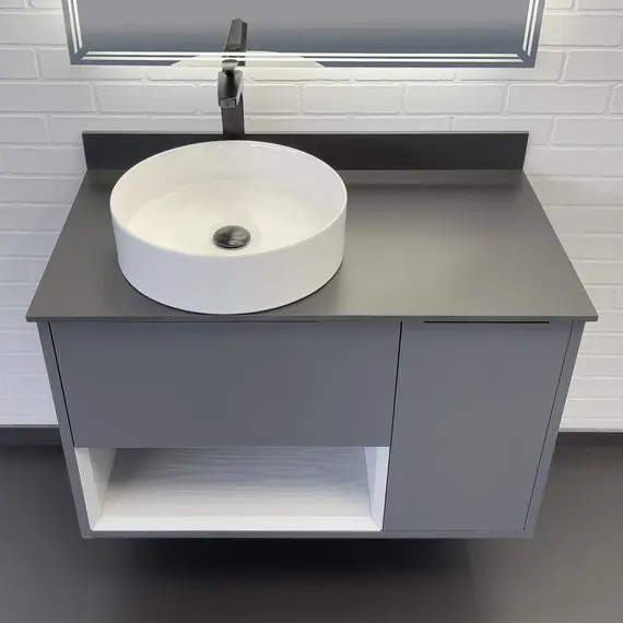 Тумба-умывальник Comforty Джанкой 90 антрацит с черной столешницей и раковиной 9111