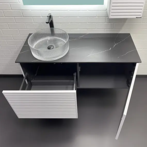 Тумба-умывальник Comforty Геленджик 120 белый матовый со столешницей мрамор Калакатта Блэк c раковиной Comforty