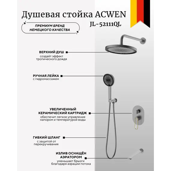 Душевая система ACWEN  JL-52111QL  встраиваемая , оружейная сталь/золото