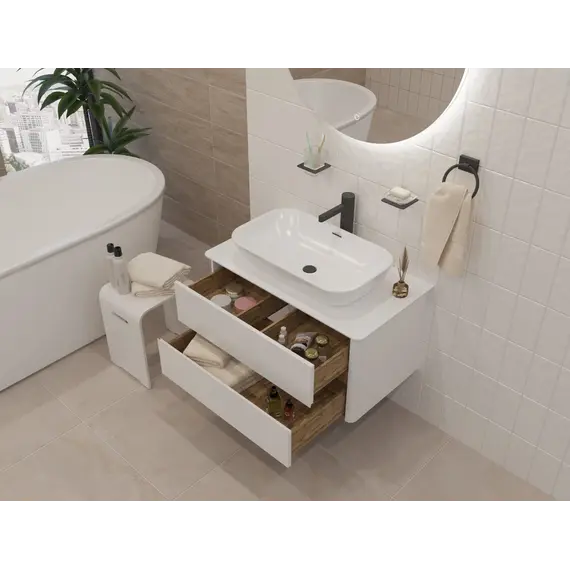 Тумба подвесная 1Marka Monro  2ящика, белый столешница/стекло