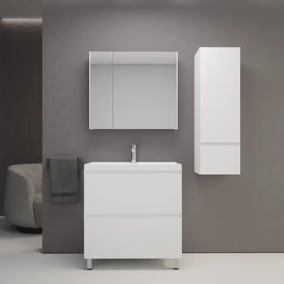 Тумба напольная Style line  "Манхэттен 100/80/70/60" ЭМАЛЬ с раковиной ASTI, 2 ящика, PLUS, белый матовый