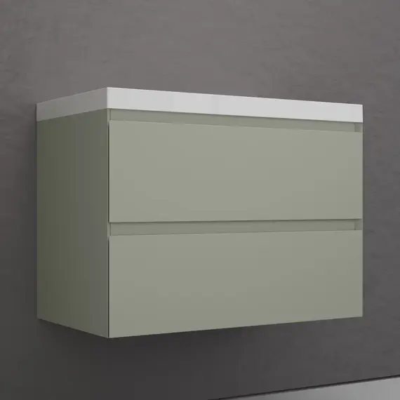 Тумба подвесная "Манхэттен 100/80/70/60" ЭМАЛЬ с раковиной  ASTI , 2 ящика PLUS олива