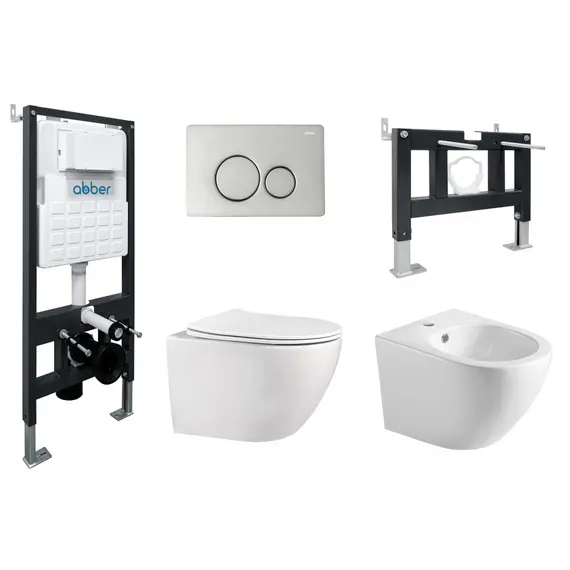 Комплект ABBER унитаз AC1100 белый с инсталляцией AC0105 и кнопкой  хром, биде AC1150 с инсталляцией AC0101P