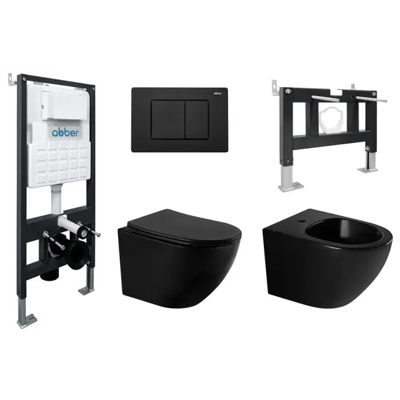 Комплект ABBER унитаз AC1100MB черный матовый с инсталляцией AC0105 и кнопкой , биде AC1150MB с инсталляцией AC0101P