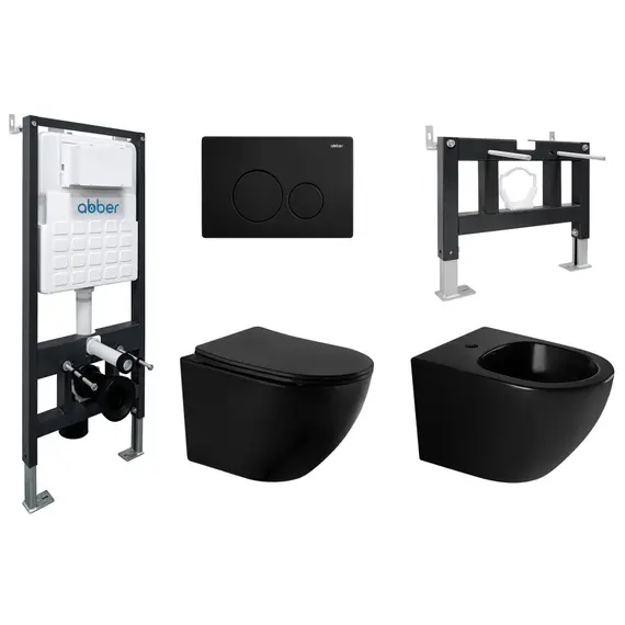 Комплект ABBER унитаз AC1100MB черный матовый с инсталляцией AC0105 и кнопкой , биде AC1150MB с инсталляцией AC0101P