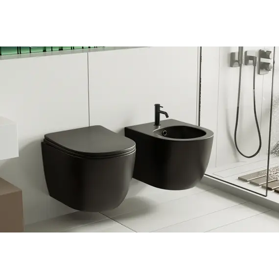 Комплект ABBER унитаз AC1100MB черный матовый с инсталляцией AC0105 и кнопкой , биде AC1150MB с инсталляцией AC0101P