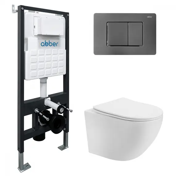 Комплект подвесной унитаз ABBER Bequem AC1100T белый с инсталляцией AC0105 и кнопкой никель