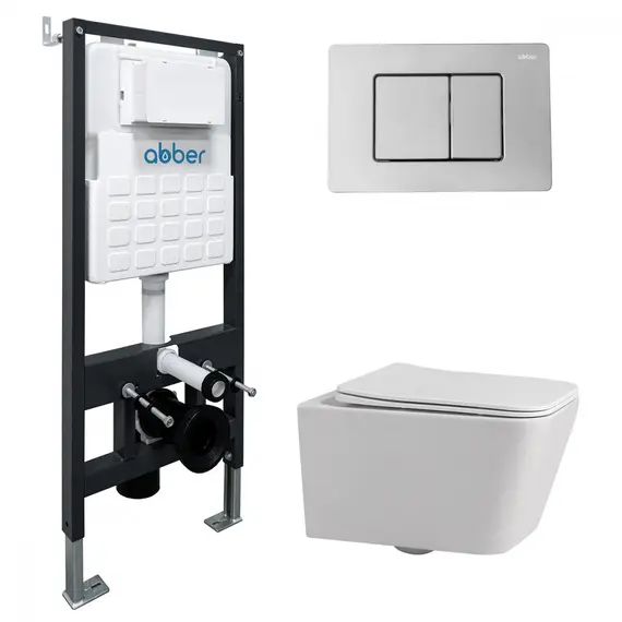 Комплект подвесной унитаз ABBER Rechteck AC1201 белый с инсталляцией AC0105 и кнопкой  хром