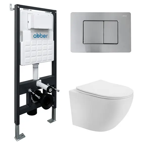Комплект подвесной унитаз ABBER Bequem AC1100T белый с инсталляцией AC0105 и кнопкой матовый хром