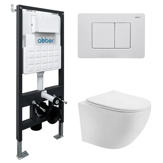 Комплект подвесной унитаз ABBER Bequem AC1100T белый с инсталляцией AC0105 и кнопкой белая матовая