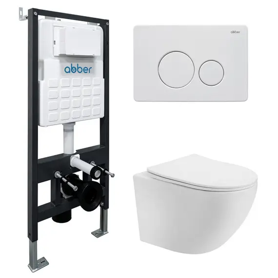 Комплект подвесной унитаз ABBER Bequem AC1100T белый с инсталляцией AC0105 и кнопкой белая матовая