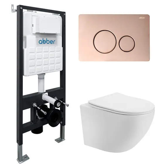 Комплект подвесной унитаз ABBER Bequem AC1100T белый с инсталляцией AC0105 и кнопкой золото розовое